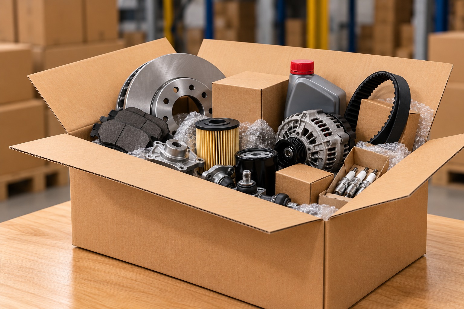 Automobile spare parts arranged inside a cardboard box