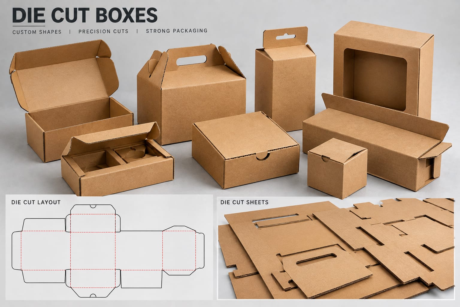 Open die cut corrugated box with tuck-in lid