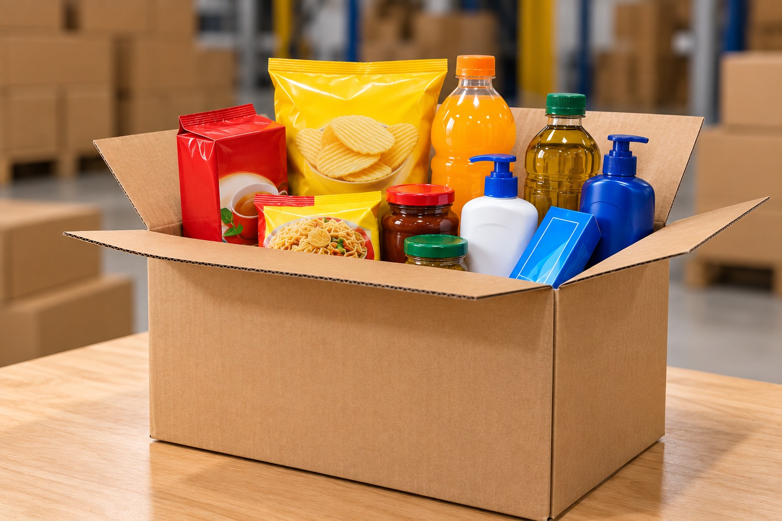 FMCG consumer products arranged inside a cardboard box