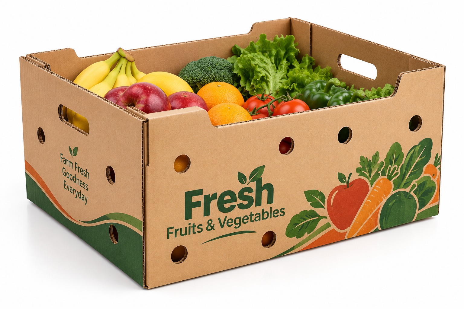Corrugated produce boxes with printed branding and ventilation features