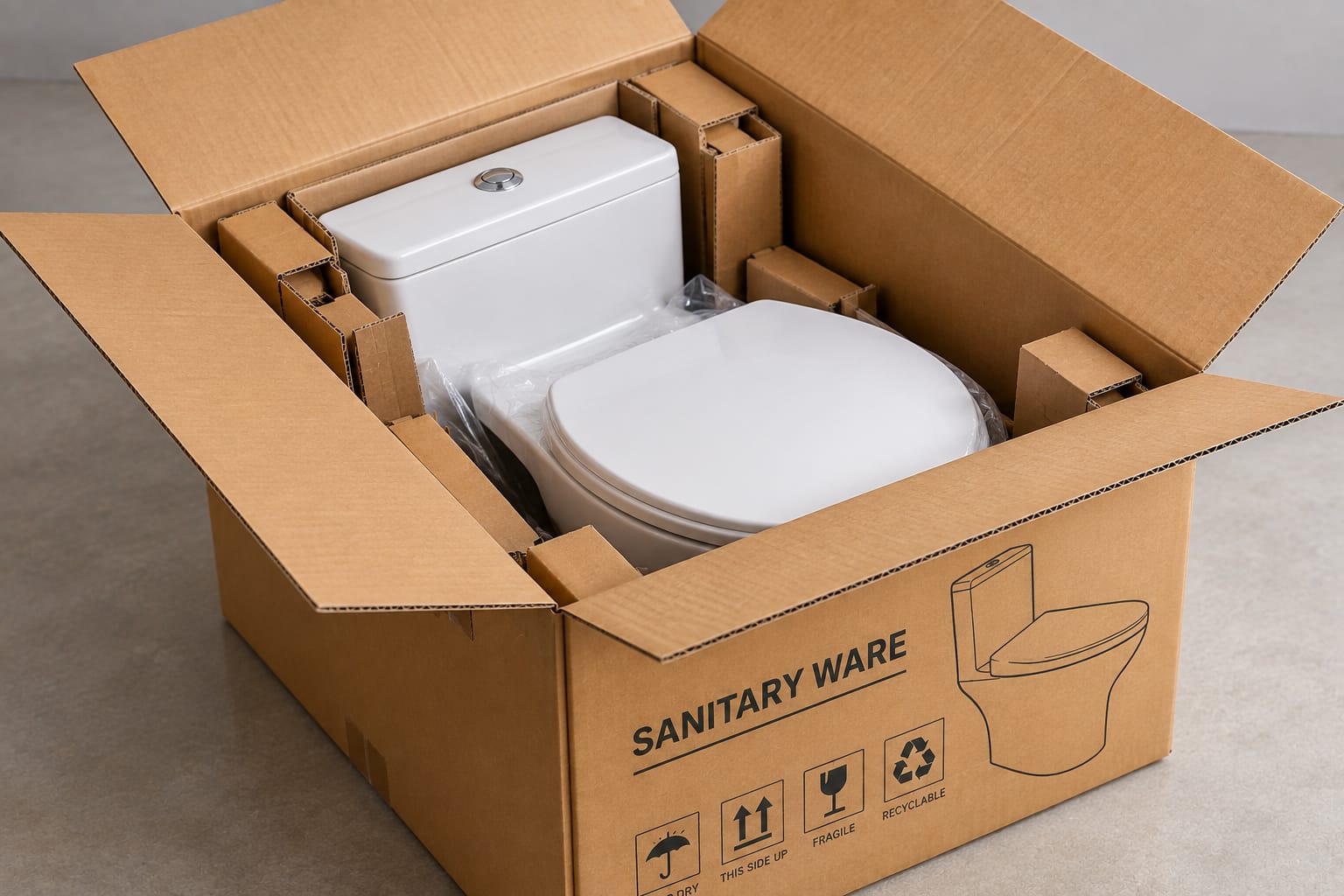 Sanitaryware packed in a cardboard box