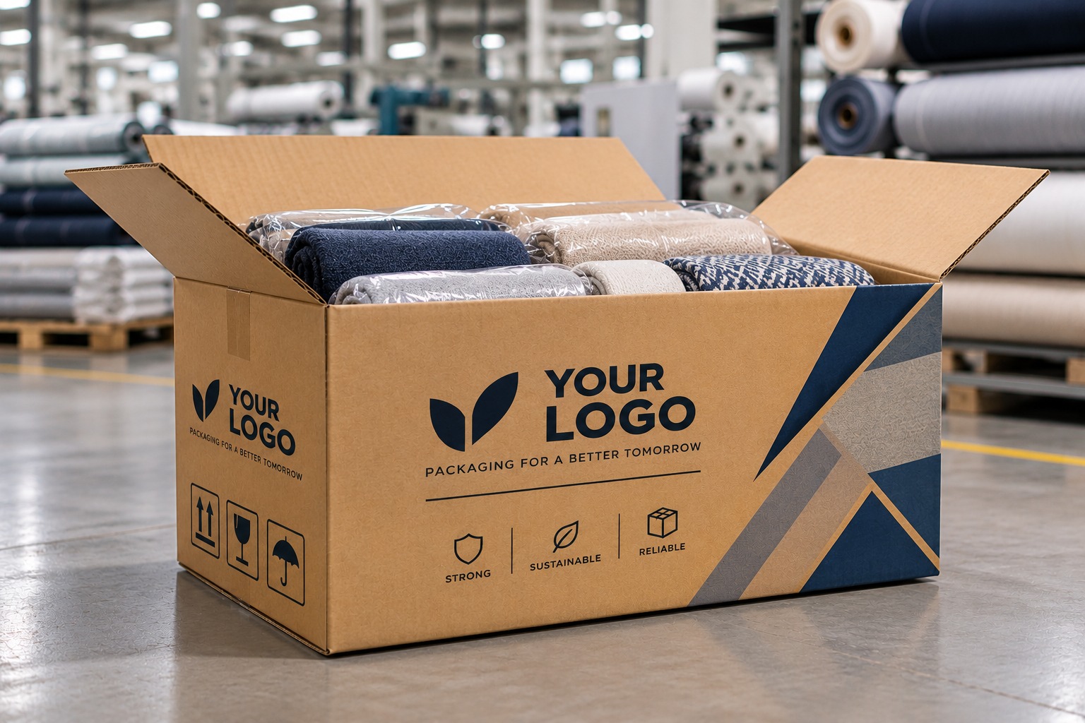Textile garment packed inside a cardboard box